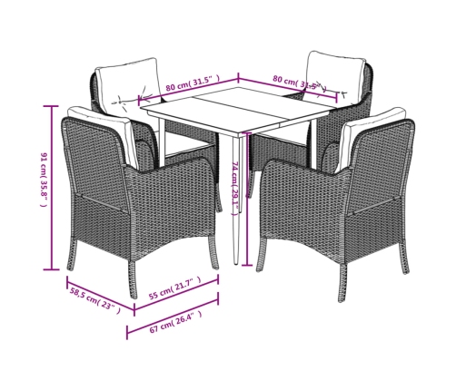 Set comedor de jardín 5 pzas con cojines ratán sintético beige