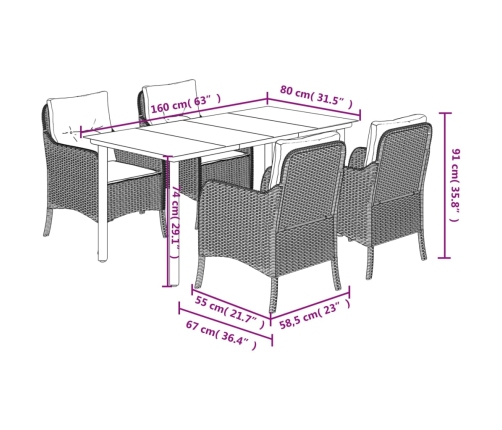 Set comedor de jardín 5 pzas con cojines ratán sintético beige