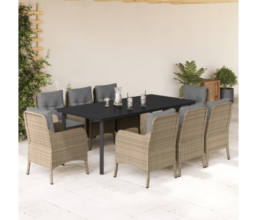 Set comedor de jardín 9 pzas con cojines ratán sintético beige