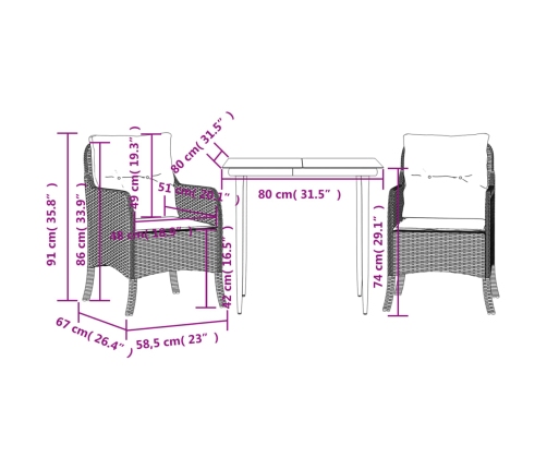 Set comedor de jardín 3 pzas cojines ratán sintético gris claro