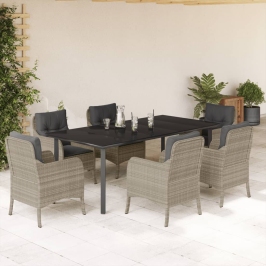 Set comedor jardín 7 pzas y cojines ratán sintético gris claro
