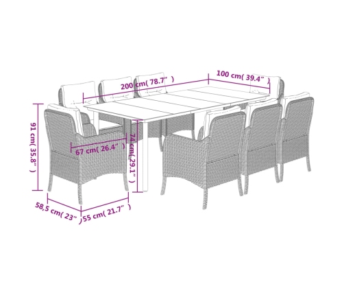Set comedor de jardín 9 pzas cojines ratán sintético gris claro