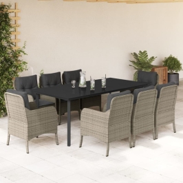 Set comedor de jardín 9 pzas cojines ratán sintético gris claro