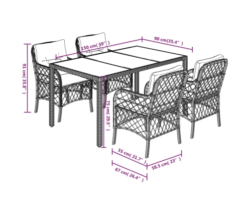 Set de muebles jardín 5 pzas con cojines ratán sintético negro