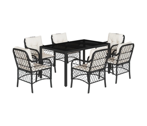 Set de comedor de jardín 7 pzas y cojines ratán sintético negro