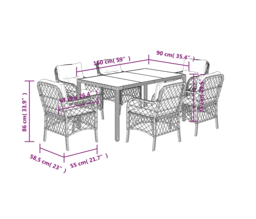 Set de comedor de jardín 7 pzas y cojines ratán sintético negro