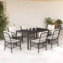 Set de comedor de jardín 7 pzas y cojines ratán sintético negro