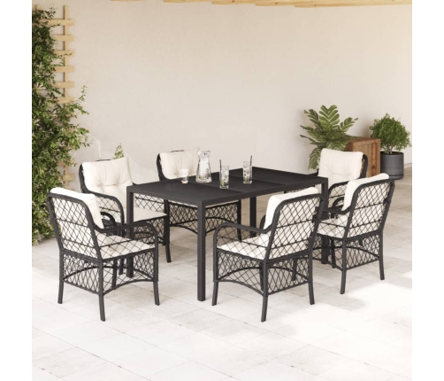 Set de comedor de jardín 7 pzas y cojines ratán sintético negro