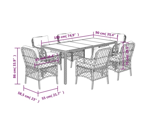 Set de comedor de jardín 7 pzas y cojines ratán sintético negro
