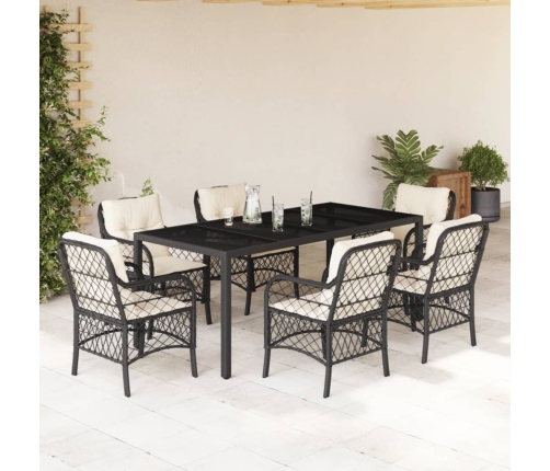 Set de comedor de jardín 7 pzas y cojines ratán sintético negro