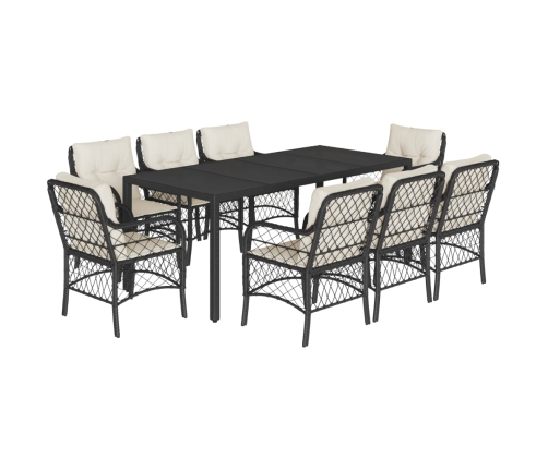 Set de comedor de jardín 9 pzas y cojines ratán sintético negro