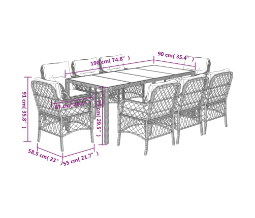 Set de comedor de jardín 9 pzas y cojines ratán sintético negro