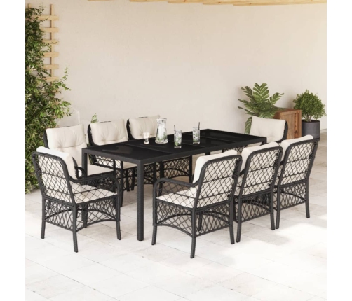 Set de comedor de jardín 9 pzas y cojines ratán sintético negro