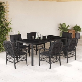 Set de comedor de jardín 7 pzas y cojines ratán sintético negro