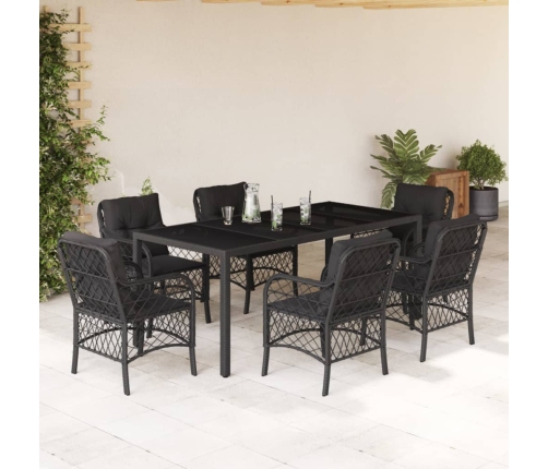 Set de comedor de jardín 7 pzas y cojines ratán sintético negro