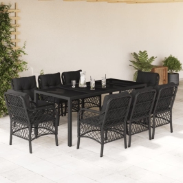 Set de comedor de jardín 9 pzas y cojines ratán sintético negro
