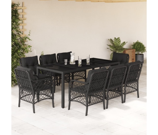 Set de comedor de jardín 9 pzas y cojines ratán sintético negro