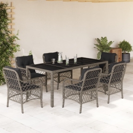 Set comedor jardín 7 pzas y cojines ratán sintético gris