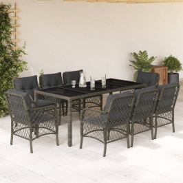 Set comedor jardín 9 pzas y cojines ratán sintético gris