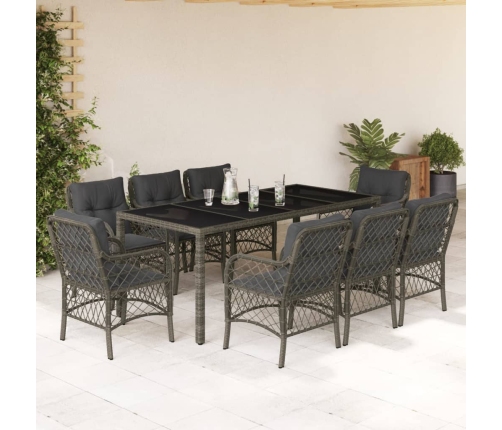 Set comedor jardín 9 pzas y cojines ratán sintético gris