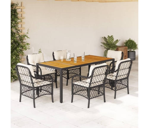 Set de comedor de jardín 7 pzas y cojines ratán sintético negro