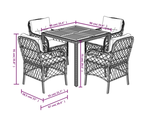Set de muebles jardín 5 pzas con cojines ratán sintético negro