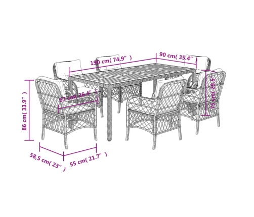 Set de comedor de jardín 7 pzas y cojines ratán sintético negro