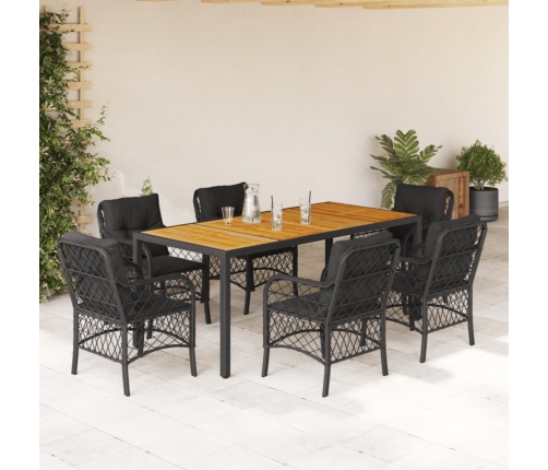Set de comedor de jardín 7 pzas y cojines ratán sintético negro