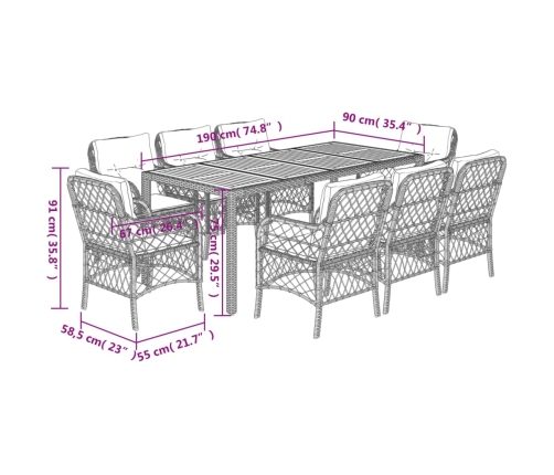 Set de comedor de jardín 9 pzas y cojines ratán sintético negro