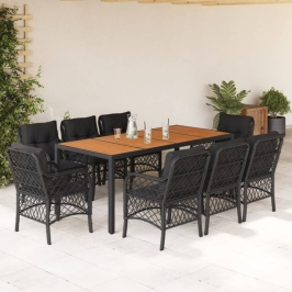 Set de comedor de jardín 9 pzas y cojines ratán sintético negro