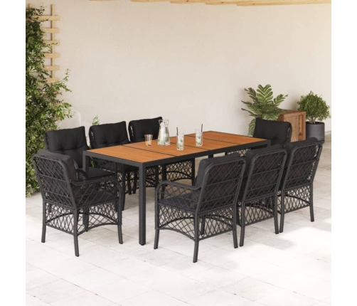 Set de comedor de jardín 9 pzas y cojines ratán sintético negro