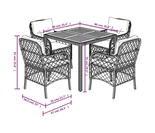 Set comedor de jardín 5 piezas con cojines ratán sintético gris