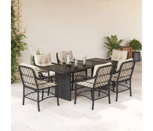 Set de comedor de jardín 7 pzas y cojines ratán sintético negro