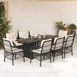 Set de comedor de jardín 9 pzas y cojines ratán sintético negro