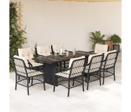 Set de comedor de jardín 9 pzas y cojines ratán sintético negro
