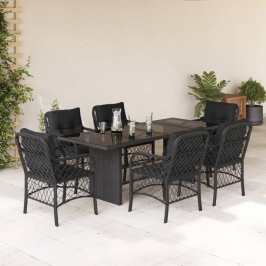 Set de comedor de jardín 7 pzas y cojines ratán sintético negro