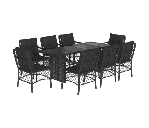 Set de comedor de jardín 9 pzas y cojines ratán sintético negro