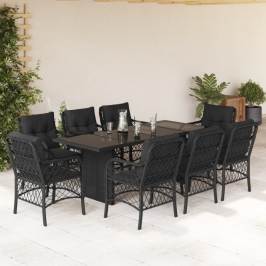 Set de comedor de jardín 9 pzas y cojines ratán sintético negro