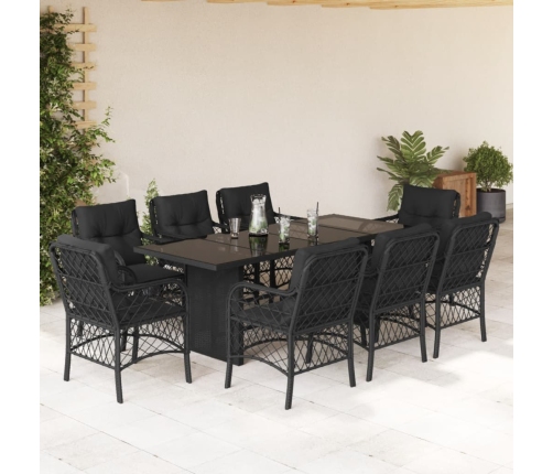 Set de comedor de jardín 9 pzas y cojines ratán sintético negro