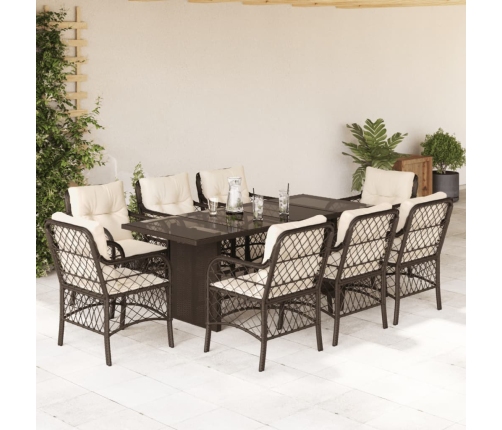 Set comedor para jardín 9 pzas y cojines ratán sintético marrón