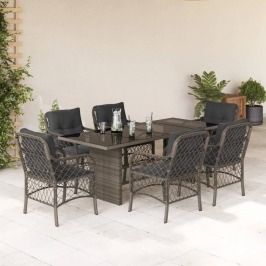 Set comedor jardín 7 pzas y cojines ratán sintético gris