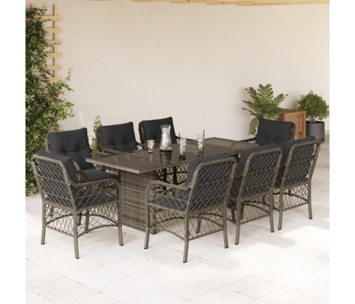 Set comedor jardín 9 pzas y cojines ratán sintético gris