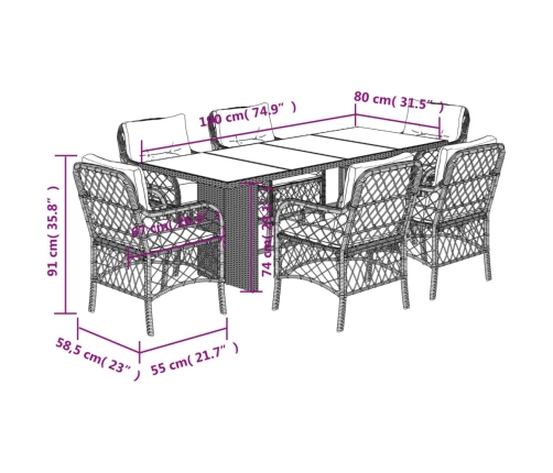 Set comedor de jardín 7 pzas con cojines ratán sintético beige