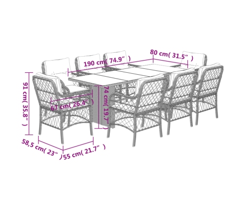 Set comedor de jardín 9 pzas con cojines ratán sintético beige