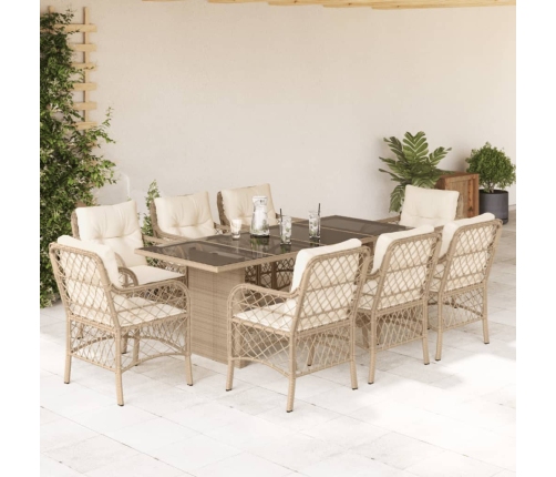 Set comedor de jardín 9 pzas con cojines ratán sintético beige