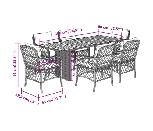 Set comedor jardín 7 pzas y cojines ratán sintético gris