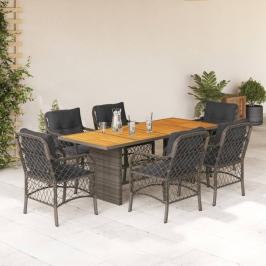 Set comedor jardín 7 pzas y cojines ratán sintético gris