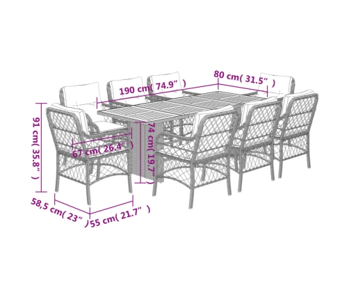 Set comedor jardín 9 pzas y cojines ratán sintético gris