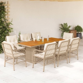 Set comedor de jardín 9 pzas con cojines ratán sintético beige