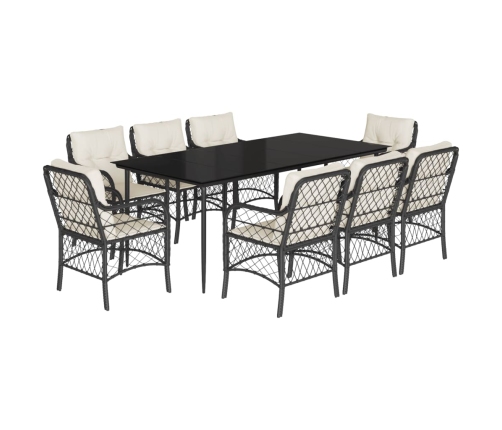 Set de comedor de jardín 9 pzas y cojines ratán sintético negro